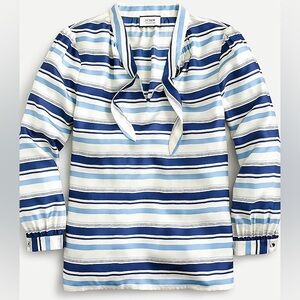 JCrew Collection tie-neck 100% silk twill top in stripe blue